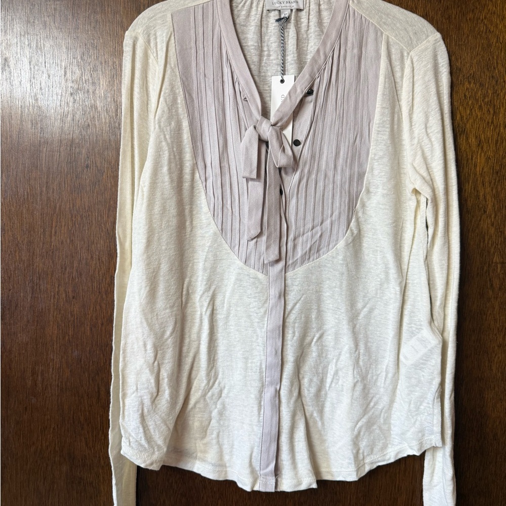 Lucky Brand Cream and Gray Blouse with Tie-Front